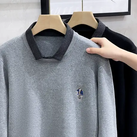 小熊刺绣男装2023秋冬季新款衬衫领假两件毛衣男士针织衫打底外套图片