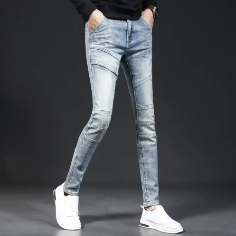 2023秋季新款牛仔裤男蓝色机车修身小脚弹力高街男士休闲潮牌裤子商品大图