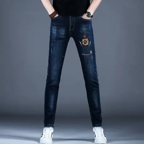 2023男士秋冬新款牛仔裤子时尚修身刺绣原宿风小脚裤棉弹深蓝潮牌商品大图