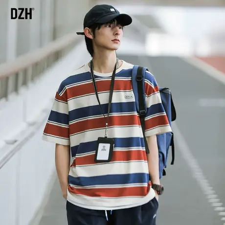男士半袖t恤男ins潮流百搭宽松条纹上衣2025新款圆领短袖体恤夏季商品大图