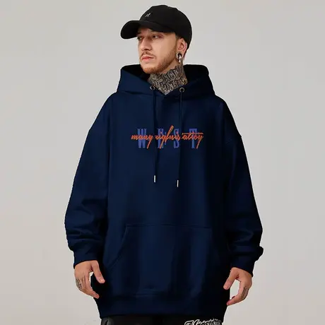 宝蓝色大码连帽美式重磅复古胖子男装宽松卫衣加绒秋冬款男生外套图片