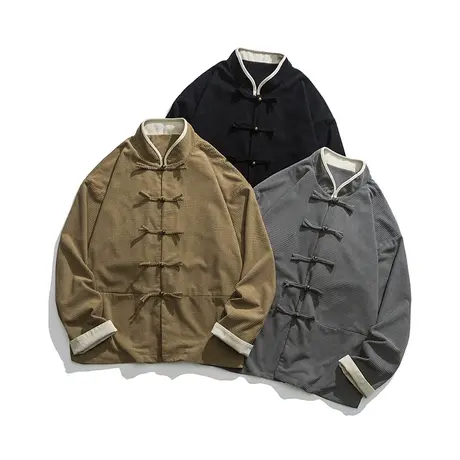 秋季男外套做旧水洗纯色立领加肥加大码中山装夹克上衣复古中国风图片