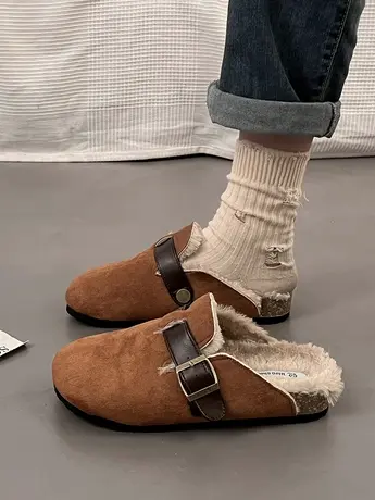 2023复古森系厚底勃肯鞋一脚蹬软木底包头半拖鞋女外穿加绒毛毛鞋图片