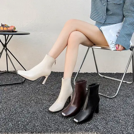 法式小短靴女2023新款冬季加绒粗跟厚底后拉链短筒靴方头显瘦裸靴图片