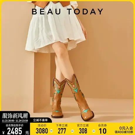 BeauToday西部牛仔靴子女2024新款复古长靴中筒靴女款皮靴西部靴图片