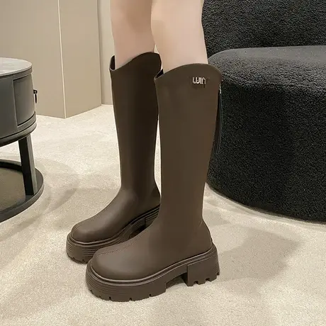 长筒靴女2023新款冬网红爆款加绒厚底不过膝靴v口高跟粗跟骑士靴图片