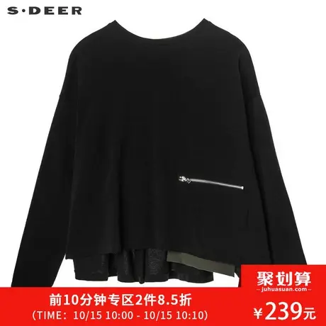 sdeer圣迪奥2019冬装新品收褶造型口袋拉链落肩圆领T恤S18460207😝商品大图