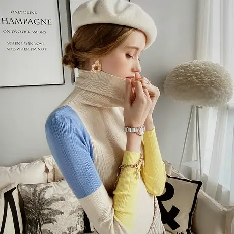 粉红大布娃娃针织衫女2021新款秋慵懒套头修身上衣打底高领毛衣商品大图