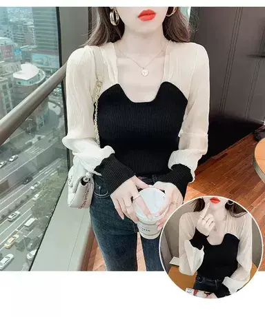 【直播】雪纺拼接针织衫修身长袖毛衣套头洋气打底衫商品大图