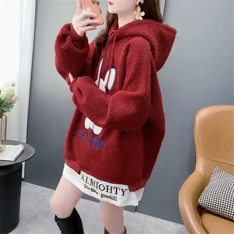 加绒加厚连帽卫衣外套女中长款2023新款秋冬宽松慵懒风羊羔毛上衣商品大图
