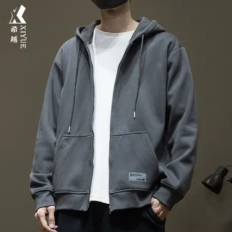 希越开衫加绒卫衣男春秋款厚款宽松大码胖子男士连帽外套加肥加大商品大图