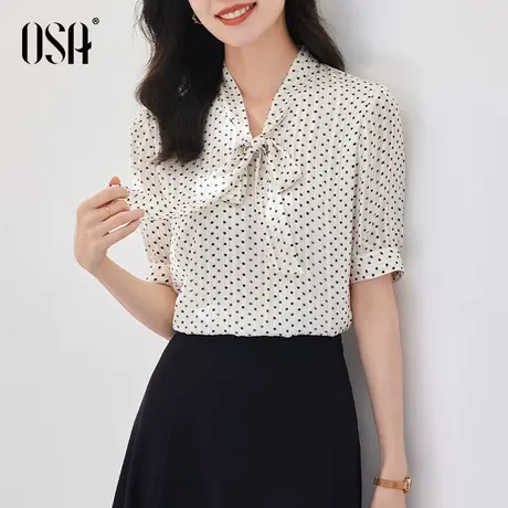 OSA欧莎 波点雪纺衫飘带上衣女夏季2022年新款薄款别致短袖衬衫商品大图