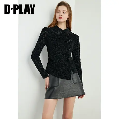 DPLAY2023冬新中式国风经典黑立领斜门襟盘扣植绒蕾丝衫内搭小衫商品大图