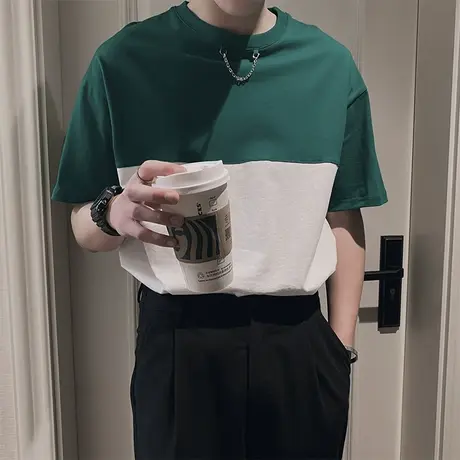 夏季男士t恤上衣短袖宽松学生拼色拼接半袖潮流休闲项链潮牌体恤商品大图