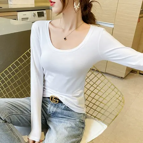 2024春秋季纯棉打底内搭长袖t恤外穿修身显瘦纯色百搭上衣高级灰商品大图