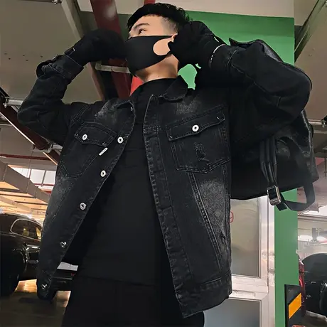 复古做旧牛仔外套男秋季潮牌INS机车工装夹克痞帅高级感上衣休闲商品大图