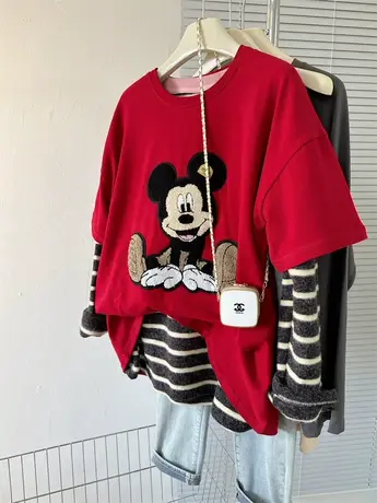 过年红~2024春季新款纯棉毛巾绣贴布宽松大码中长款女半袖打底T恤图片