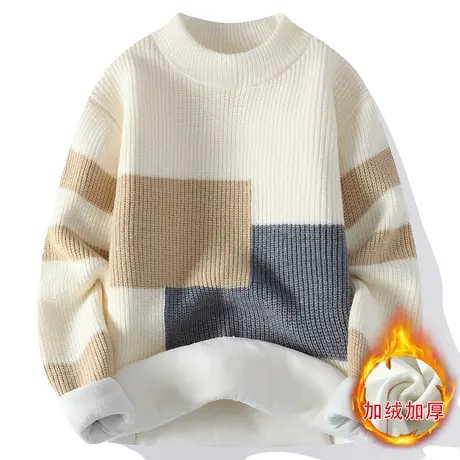 加绒撞色毛衣男冬季青少年针织衫男初中学生慵懒羊毛衫内搭保暖衣商品大图