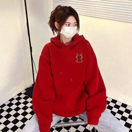 爆款美式连帽红色加绒秋冬季卫衣女2024新款宽松oversize加厚外套商品大图