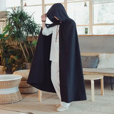 中国风加长款棉麻披风男宽松打坐斗篷加绒长袍汉式披肩禅修服垫图片