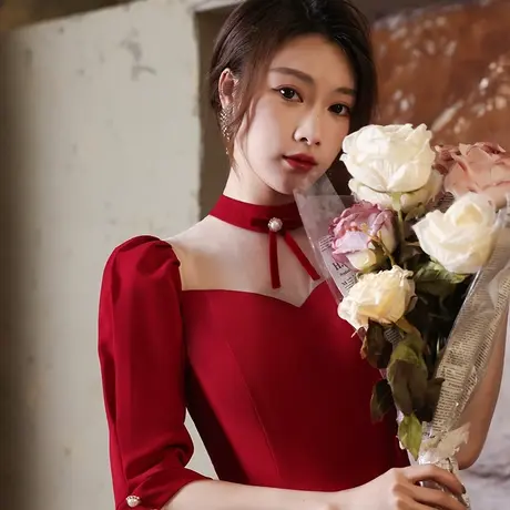 敬酒服新娘2024新款夏季酒红色小个子平时可穿回门订婚礼服连衣裙商品大图