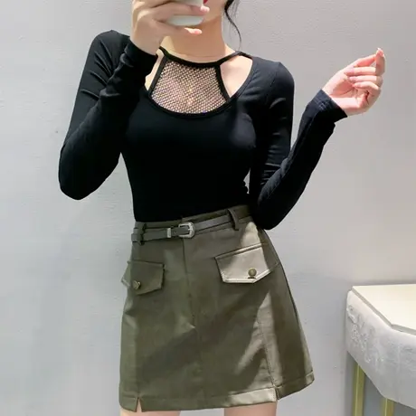 不规则圆领打底衫女长袖时尚拼接镂空镶钻洋气内塔上衣修身T恤ins商品大图