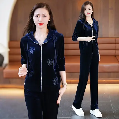 金丝绒烫钻休闲运动服套装女春秋2024年新款时尚直筒裤显瘦两件套图片