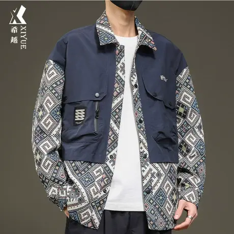 希越复古民族风拼接夹克外套男春季新款宽松大码痞帅工装翻领衬衣商品大图