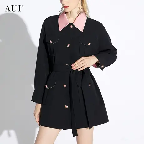 AUI黑色设计感POLO领西装外套女2024早春新款小个子短款休闲西服图片