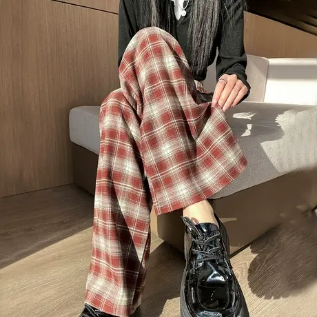 美式复古加绒加厚格子裤女阔腿宽松设计感秋冬运动裤直筒休闲卫裤商品大图