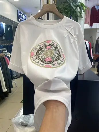 国风设计感提花刺绣镂空盘扣短袖T恤女春秋新款时尚气质别致上衣商品大图