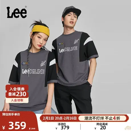 Lee24春夏新品舒适版拼接插肩袖灰色赛车风设计男女同款短袖T恤潮图片