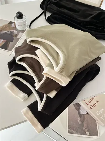 洋气撞色假两件加厚德绒打底衫女秋冬圆领正肩内搭T恤长袖上衣商品大图