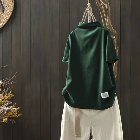 纯色贴布半高领短袖t恤女夏2024新款宽松显瘦气质设计感套头上衣商品大图