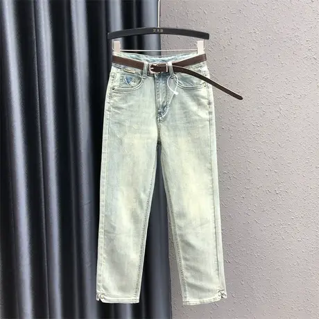 欧货直筒裤女24春夏新款浅蓝色个性贴布烟管裤时尚百搭牛仔九分裤图片