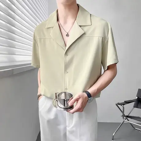 ins衬衫男落肩半袖夏季冰丝垂感古巴领小衫短袖休闲痞帅宽松上衣商品大图