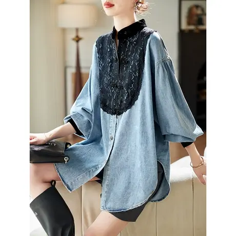 宝诗黎【新品价188元】圆领蕾丝拼接牛仔衬衫AMU3001商品大图