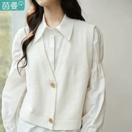茵曼牡丹花提花假两件毛织衬衣2024春季女装新款翻领长袖百搭上衣图片