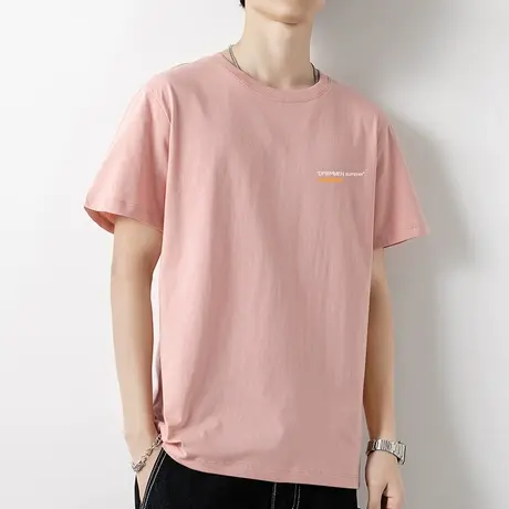 纯棉短袖t恤男宽松粉色上衣服潮流宽松夏季男装全棉半袖圆领体恤商品大图