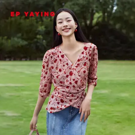 EP YAYING雅莹女装 国风抽褶丝绒烧花显瘦衬衫 2023秋季新款2322A图片