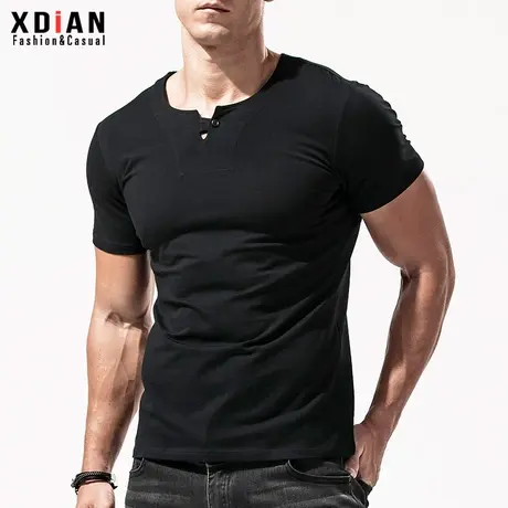 亨利领短袖t恤男士纯棉修身个性V领纽扣纯色紧身打底衫夏季亨利衫商品大图