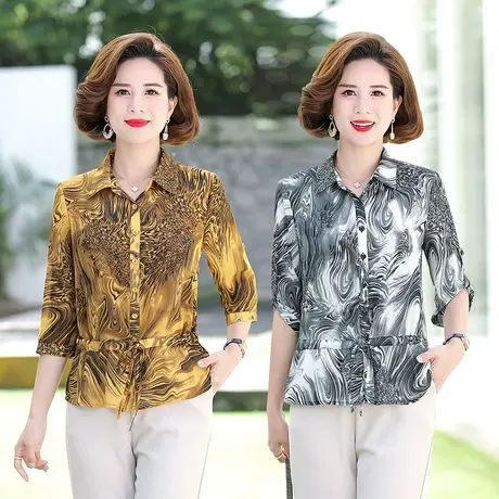 妈妈秋装七分袖衬衫中年妇女印花上衣时尚高贵中老年春秋新款衬衣商品大图