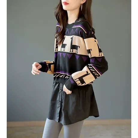 宝诗黎秋季假两件拼接针织衫女中长款设计感衬衫2023时尚宽松上衣商品大图