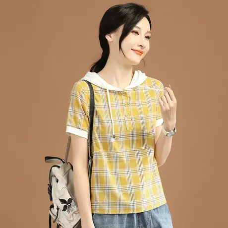 韩潮袭人连帽格子短袖休闲衬衣套头衬衫2023夏设计感小众衬衫女薄商品大图
