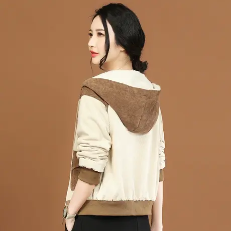 韩潮袭人连帽撞色灯芯绒短外套女2023冬新款宽松显瘦加绒棒球服厚图片