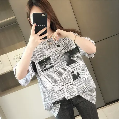 2023夏季新款韩版宽松时尚中长款短袖T恤女圆领印花字母半袖上衣图片