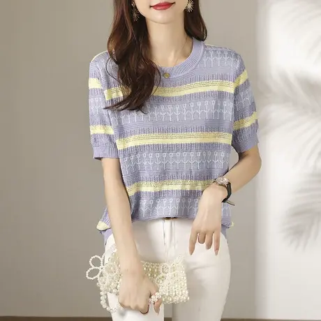 套头针织衫女薄款2023新款夏季宽松女士短袖防晒上衣条纹体恤洋气商品大图