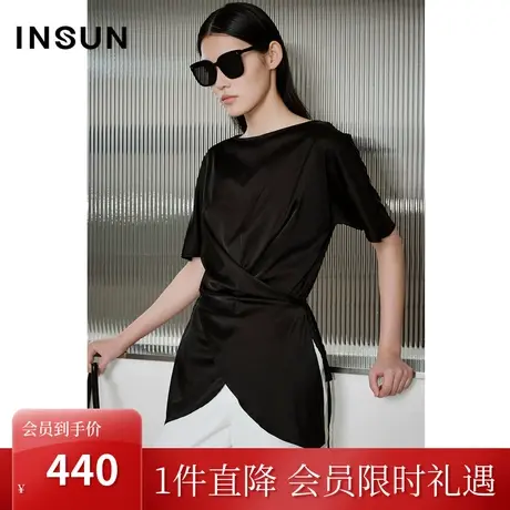 [褶皱系列]恩裳COVER2023夏新款真丝人丝缎面前中交叉连肩袖衬衫图片