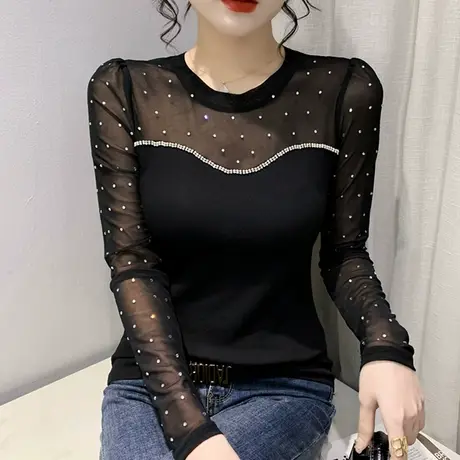 欧货网纱拼接打底衫女长袖2023秋季新款性感镂空上衣重工烫钻T恤图片