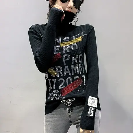 堆堆领毛衣女秋冬保暖套头上衣洋气烫钻针织衫修身紧身内搭打底衫图片